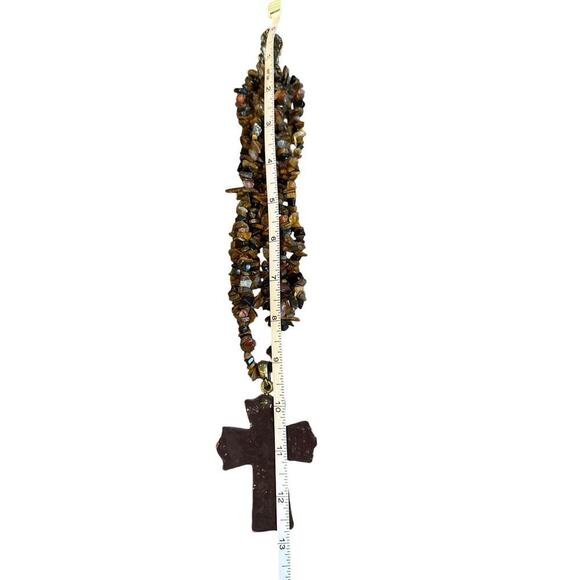 You&I Tiered Brown Tigers Eye Stone Beaded Cross Pendant Necklace - Picture 4 of 4